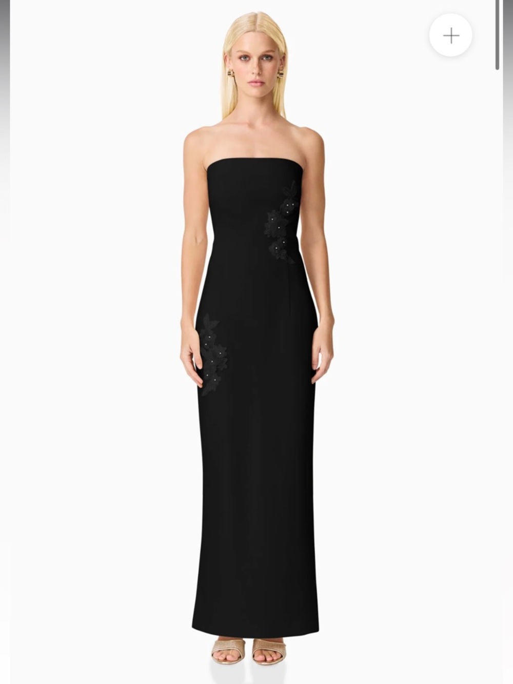 elliatt evee black 3d floral applique strapless fitted maxi dress LBD Large NEW
